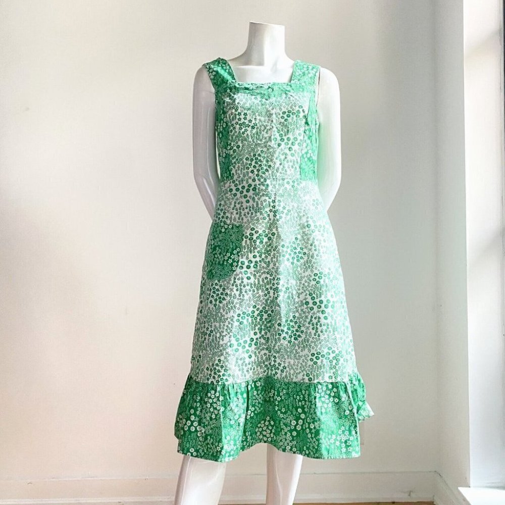 Vintage Cottage Core Micro Chintz Floral Emerald Green Ruffle Hem Midi Dress S